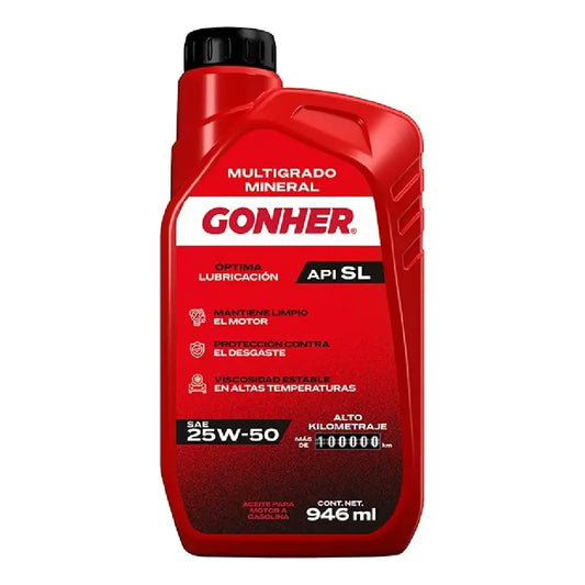 ACEITE GONHER SAE 25W50 MULTIGRADO MINERAL ALTO KILOMETRAJE 1L