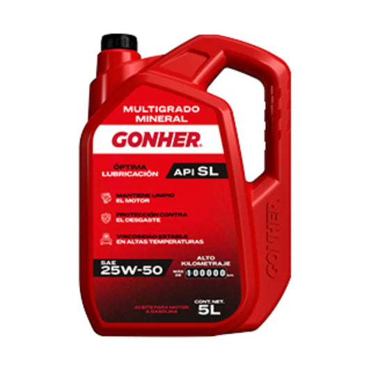 ACEITE GONHER SAE 25W50 MULTIGRADO MINERAL ALTO KILOMETRAJE 5L