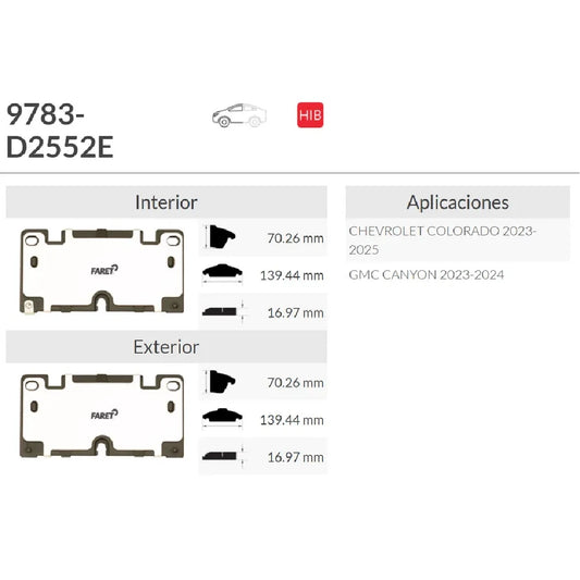 BALATA FARET DEL CHEVROLET COLORADO 23-25 / GMC CANYON 23-24
