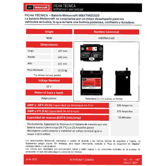 ACUMULADOR MOTORCRAFT PARA TOYOTA AVANZA 12V CCA: 320A CA: 375A