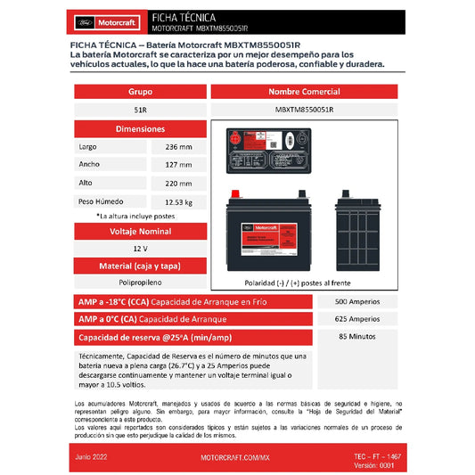ACUMULADOR MOTORCRAFT PARA NISSAN VERSA 12V CCA: 500A CA: 625A