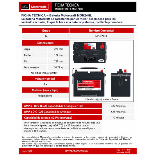 ACUMULADOR MOTORCRAFT PARA TOYOTA HIACE 12V CCA: 420A CA: 525A