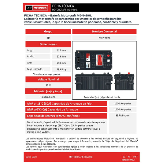 ACUMULADOR MOTORCRAFT PARA SERVICIO PESADO 12V CCA: 1000A CA: 1100A