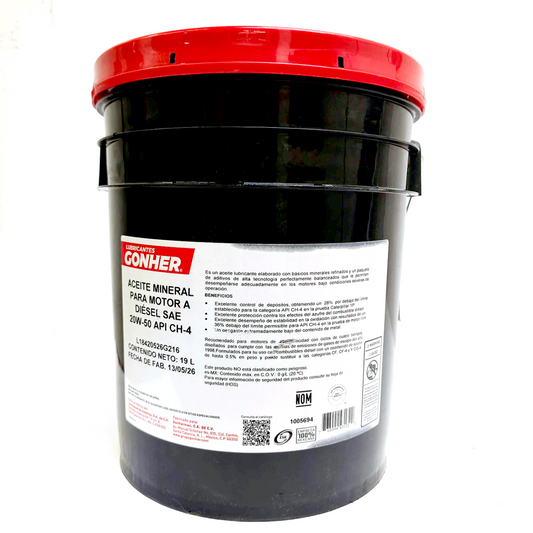 ACEITE GONHER SAE 20W50 MINERAL API CH-4 PARA MOTOR A DIESEL 19L