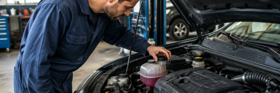 Mecánico revisando el nivel de refrigerante en el radiador de un auto