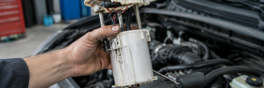 Mecánico sosteniendo una bomba de gasolina cerca del motor de un auto