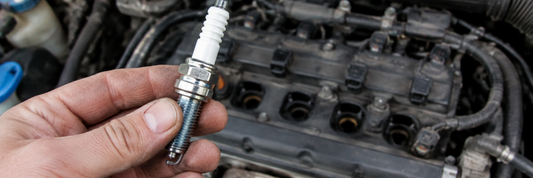 Mecánico sosteniendo una bujía nueva junto al motor de un auto