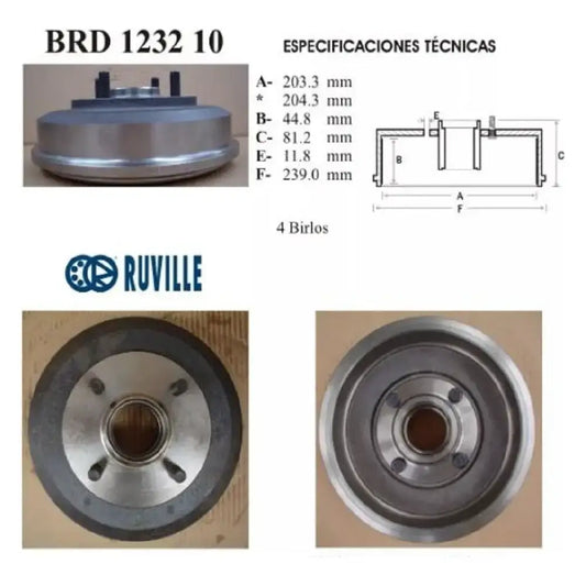 TAMBOR DE FRENOS RUVILLE PARA FORD FOCUS 00-10 , 00-04 , ZX3 0 00-04/FORD TRUCK ECOSPORT 0 03-10