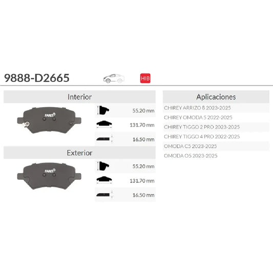 BALATA DEL FARET CHIREY ARRIZO 8 23-25 / TIGGO 2 PRO 23-25