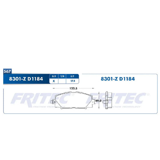 BALATA DE FRENO DISCO DEL FRITEC TOYOTA 10-17/YARIS 06-17/PRIUS C 12-19 (SPC8301ZD1184FRI)