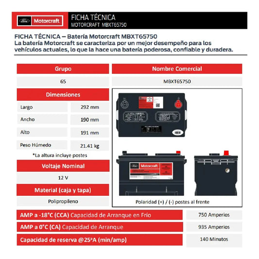 ACUMULADOR MOTORCRAFT PARA F150 12V CCA: 750A CA: 935A G65