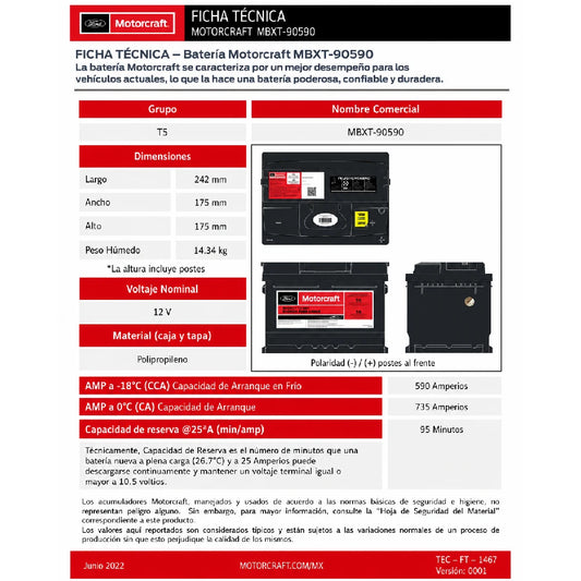 ACUMULADOR MOTORCRAFT CCA 590 CA 737 60 AH 95MIN