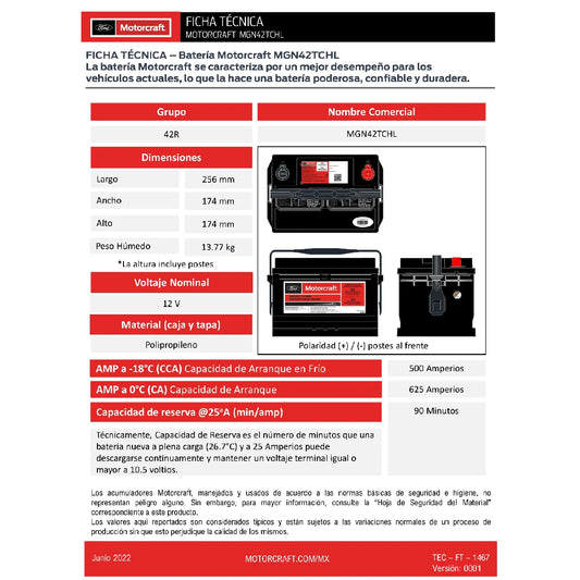 ACUMULADOR MOTORCRAFT PARA TSURU 12V CCA: 500A CA:625A