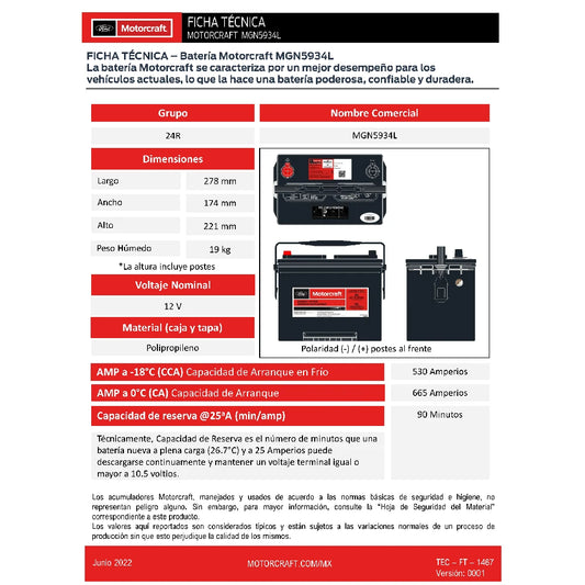 ACUMULADOR MOTORCRAFT PARA DODGE 12V CCA: 530A CA: 665A