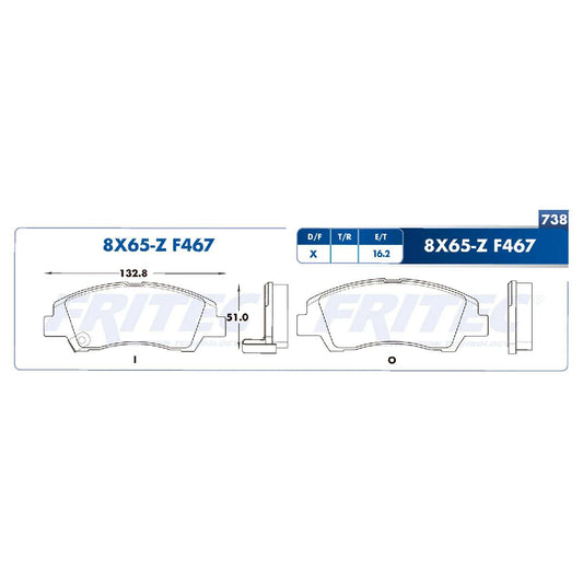 BALATA DE DISCO FRENO DEL. FRITEC PARA CHRYS. / HYUNDAI GRAND I10 L4 1.2L 18-22 (M8X65ZF467FRI)